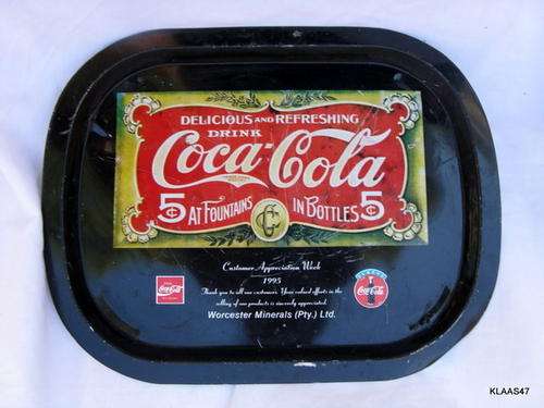 COCA-COLA TRAY : METAL : CUSTOMER APPRECIATION WEEK 1995 : 42x32.5cm : **NOTE DENTS & SCRATCHES**