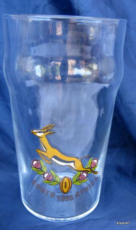 SPRINGBOK RUGBY : SOUTH AFRICA - 1995 : BEER GLASS - 15cm HIGH - TOP DIAM 8cm