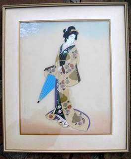 JAPANESE LADY  : LOOKS LIKE PAINTED ON MATERIAL : FRAMED SIZE 53 x 44.6 cm