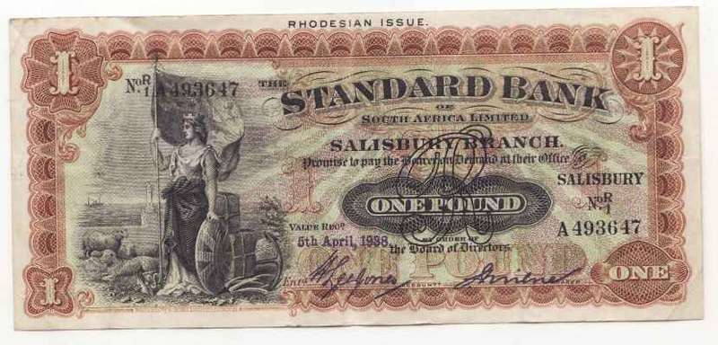 RHODESIAN ISSUE  STANDARD BANK OF S.A. LTD : 5TH APRIL 1938  1 POUND SALISBURY BRANCH NO1 A 493647