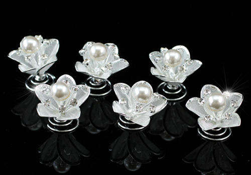 6 x  Pearl Crystal Flower Hair Twists (In Stock)