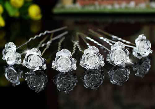 6 x Rose Crystal Silver Hair Pins (In Stock)