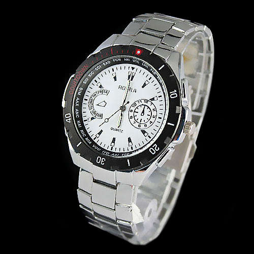 Men's Casual Quartz Watch Silver Dial Large Case Stainless Steel White Band