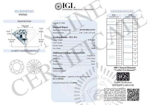 IGL Certified Natural Loose Diamond: 0.76ct Round Cut I1/i - Near Colourless ! R69 000 Certificate