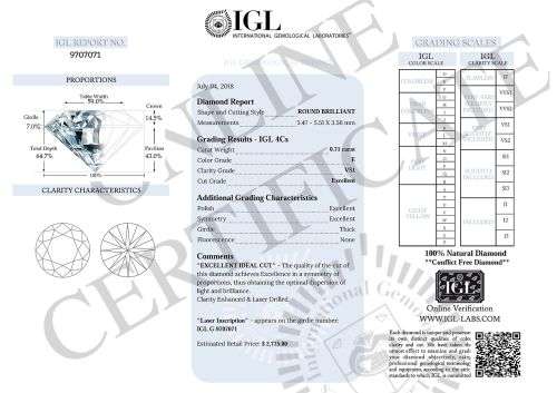 IGL Certified Loose Diamond: 0.71ct Round Excellent Cut VS1/E  TOP Colourless ! R95 250 Certificate