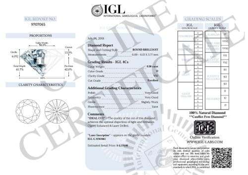 IGL Certified Loose Diamond: 0.90ct Round Excellent Cut VS2/D  FINEST COLOURLESS R112 400 Cert