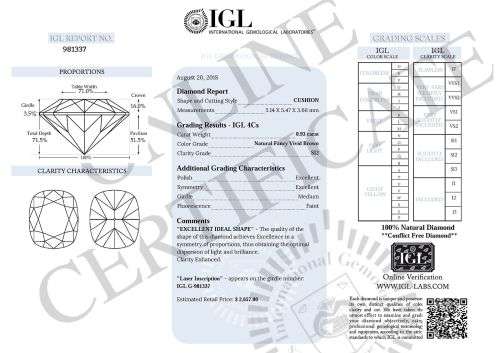 IGL Cert. Natural Cushion Cut Fancy Vivid Brown Diamond: 0.93ct SI2  R78 000 Certificate