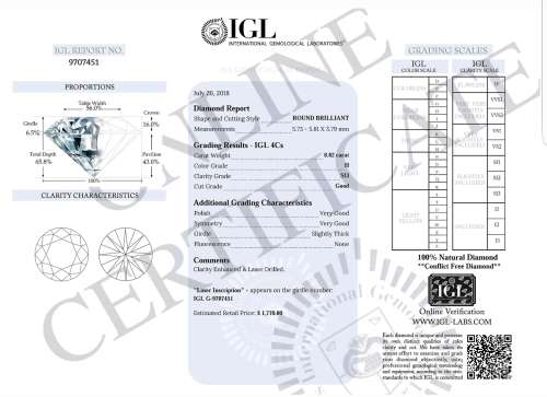 IGL Certified Natural Loose Diamond: 0.82ct Round Cut SI3/H ! R69 900 Certificate