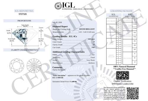 IGL Certified Natural Loose Diamond: 0.69ct  I2/F ! R37800 ROUND BRILLIANT