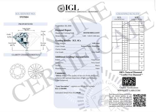 IGL LAB Certified Natural Fancy VIVID BLUE Diamond: 0.83ct Round Briliant Ideal Cut !
