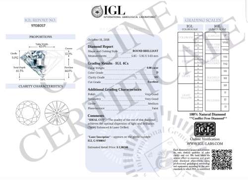 IGL Certified Natural Loose Diamond: 0.80ct  SI2/D !