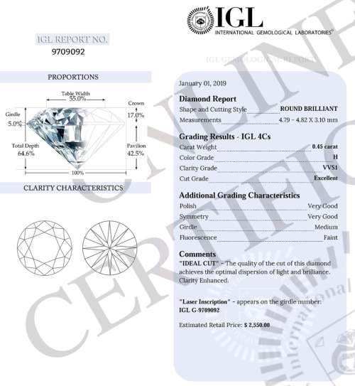 Stunning IGL Certified Natural Loose Diamond: 0.45ct  VVS1/H - NEAR FLAWLESS !