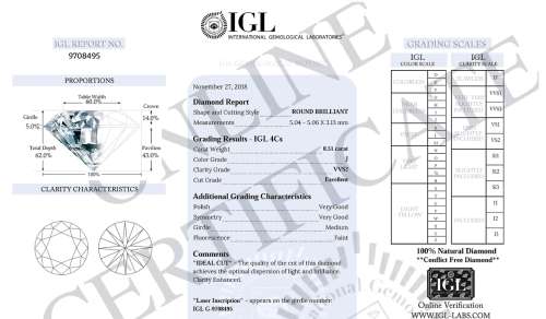 Stunning 0.51ct Lab Certified Natural Round Cut Diamond VVS2 / J Gorgeous Tone !