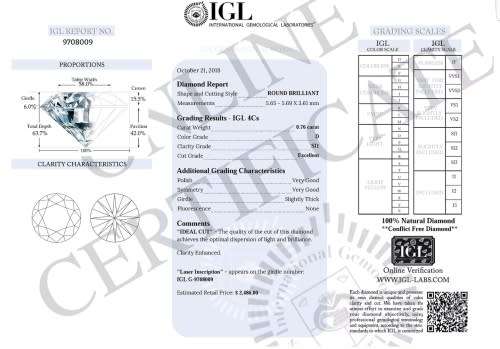 An Ice White Beauty ! 0.76ct Lab Certified Natural Round Cut Diamond SI1/D - Absolutely Gorgeous!
