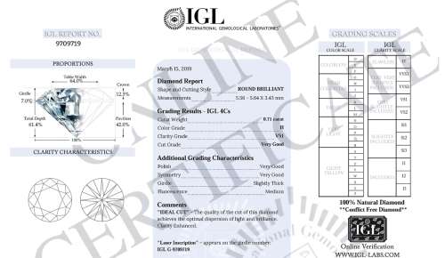 A Superb 0.71ct IGL Certified Natural Round Brilliant Cut Diamond VS1 / H - Stunning Brilliance !