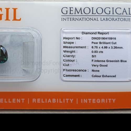 FULL Lab Report UV Sealed GIL Natural Fancy Intense Green Blue 0.83ct Diamond SI1 !