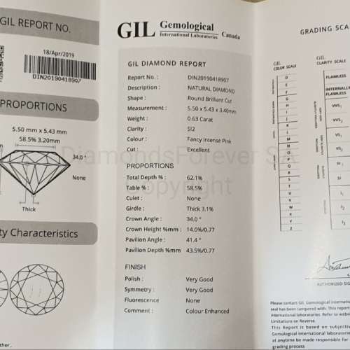 FULL Lab Report UV Sealed GIL Natural Fancy Intense Pink 0.63ct Diamond SI2 ! RARE !