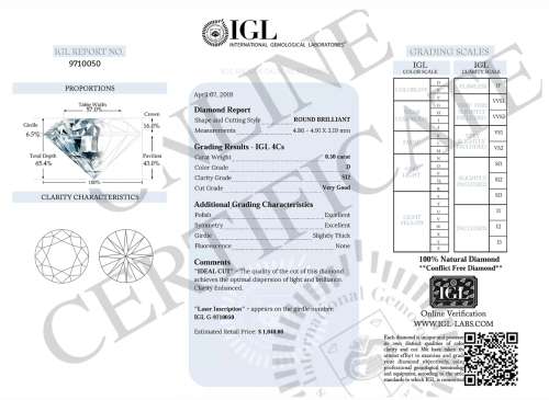 A Superb 0.50ct IGL Certified Natural Round Brilliant Cut Diamond SI2 / D - Stunning Brilliance !