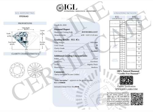 Superb 0.53ct IGL Certified Natural Round Brilliant Cut Diamond SI1 / H - Stunning Brilliance !