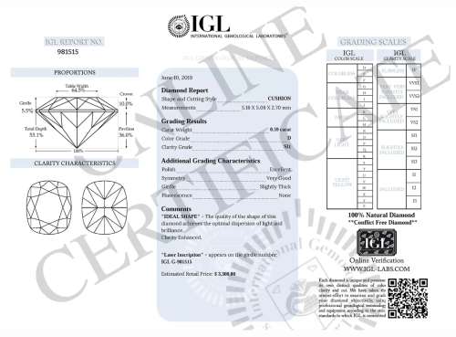 *ICE WHITE BRILLIANCE* 0.59ct IGL LAB Certified Natural Cushion Cut Diamond SI1/D ! - Stunning !