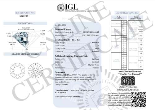 Stunning 0.73ct Lab Certified Natural Round Cut Diamond VVS2 / J - Brilliance !