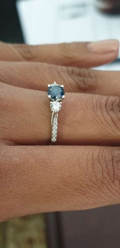 Breathtaking 1.00ct Accented Three Stone Intense Blue Diamond Engagement Ring Set in 14K White Gold