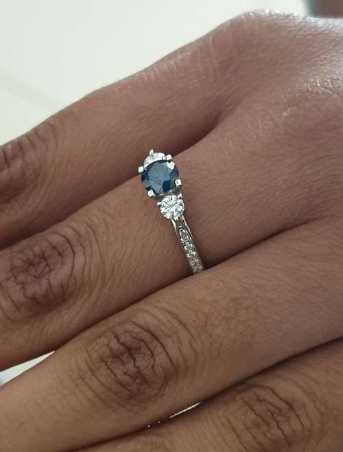 Breathtaking 1.00ct Accented Three Stone Intense Blue Diamond Engagement Ring Set in 14K White Gold