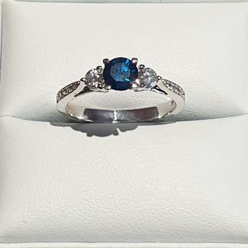 Breathtaking 1.00ct Accented Three Stone Intense Blue Diamond Engagement Ring Set in 14K White Gold