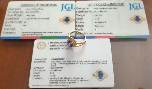 IGI Certified Breathtaking 14K YELLOW Gold Ring 1.60ct Natural Diamonds & Untreated VS Tanzanite
