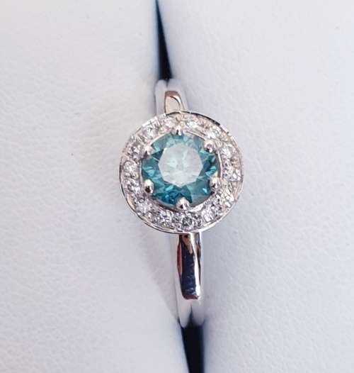 Superb 0.90ct Fancy Vivid Greenish Blue Diamond Halo Engagement Ring Set in Platinum