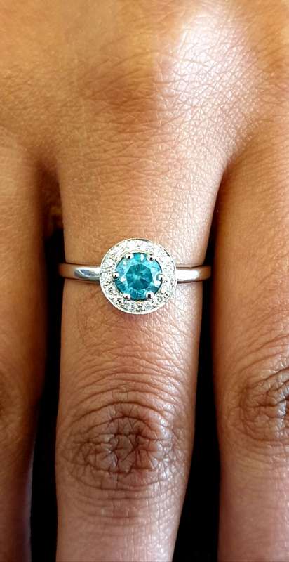 Superb 0.90ct Fancy Vivid Greenish Blue Diamond Halo Engagement Ring Set in Platinum