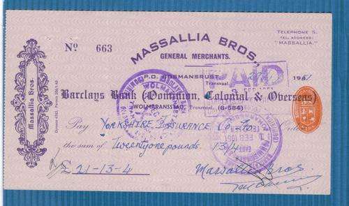 Massallia Bros Cheque. Barclays Bank 1951