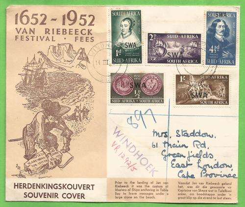 SWA FDC SACC172-176. Tercentenary of the Landing of Van Riebeeck. Windhoek Cancel Variety V4