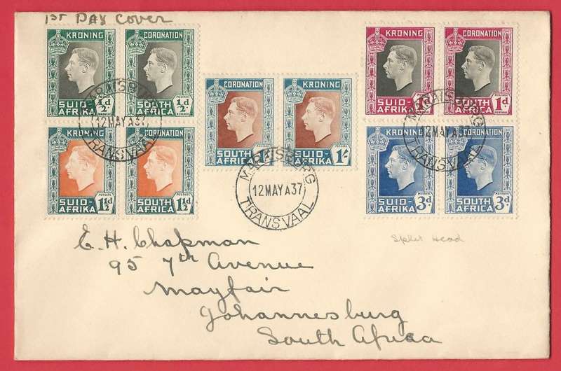 Union of SA. SACC70-74. Coronation cover. 4 pairs have V9, Line through temple. Maraisburg cancel