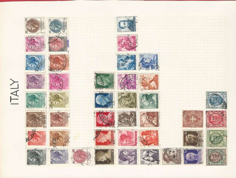 Italy Grouping of unsorted stamps on pages,Postcards and a banknote.Good Value!From 1891/1901 - 1972