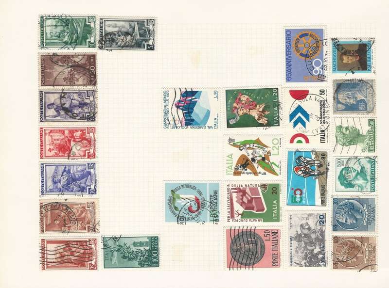 Italy Grouping of unsorted stamps on pages,Postcards and a banknote.Good Value!From 1891/1901 - 1972