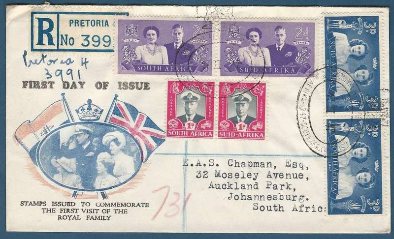 Union of SA FDC. SACC110-112 Royal Visit. Type A Illustration