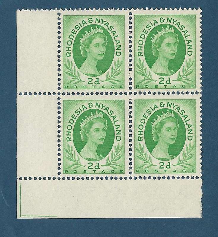 Rhodesia & Nyasaland  SACC3 1954 Definitive. Bottom left corner of sheet