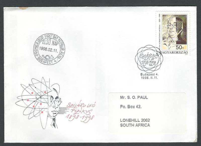Hungary FDC, uprated on the obverse. 1998 The 100th Anniversary of the Birth of Leo Szilard