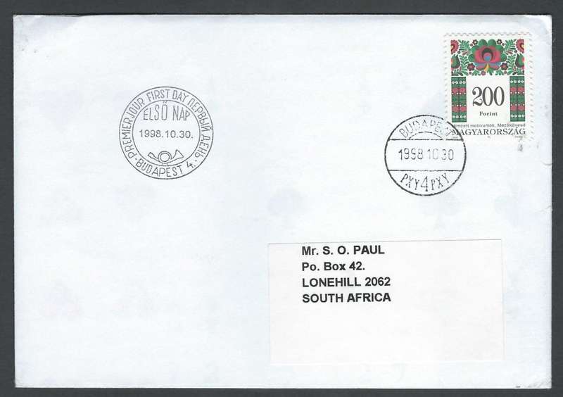 Hungary FDC, uprated on the obverse. 1998 Folklore Motives