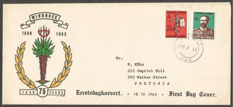 SWA 196575th Anniversary of Windhoek /  FDC /  Cancel / Postmark/ Post mark- Addressed