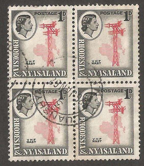 Rhodesia&Nyasaland 1d - Block of 4 Stamps- Used - Cancel - Postmark