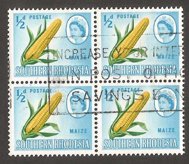 Southern Rhodesia ½ d - Block of 4 Stamps- Used - Slogan `Increase your interest in PO Savings bank`