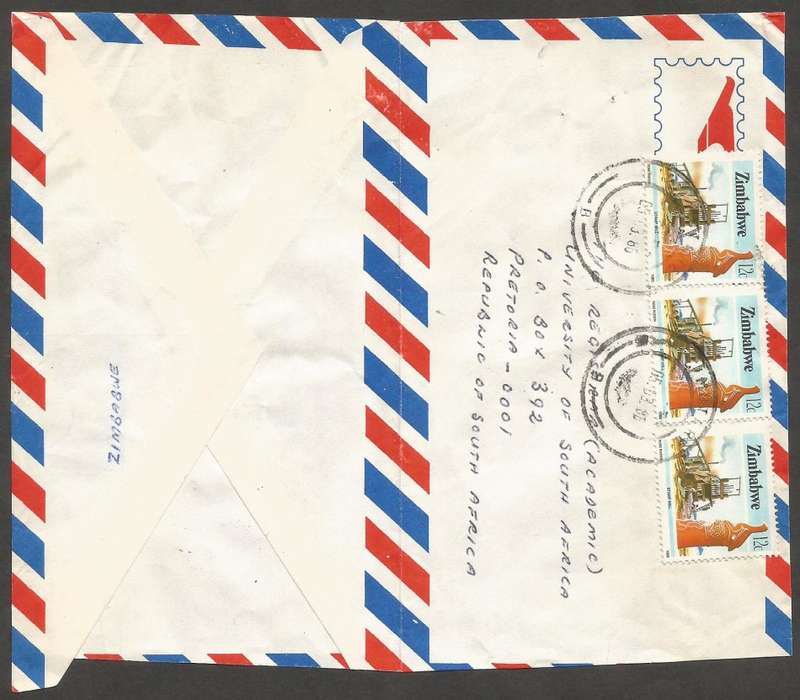 Zimbabwe -1986- Cancel- Used-Postmark- Post Mark- Front and Back of Cover(Cut Open)