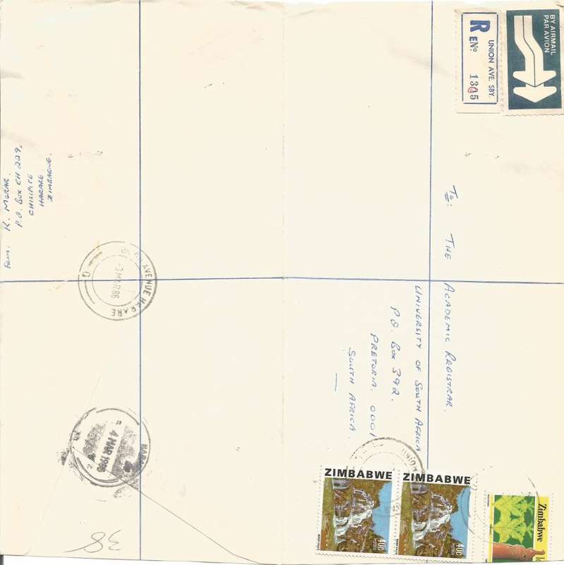 Zimbabwe -1986-SG288a Domestic Mail- Union Avenue Harare Cancel(Bundi Falls)- Cover(Cut Open)- Used