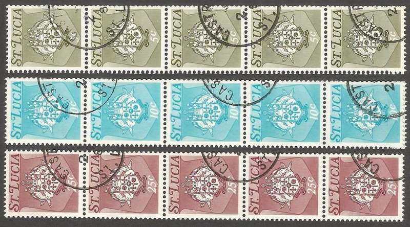 St. Lucia 1973 -1975 Coat of Arms - 3 Strips 5 Stamps - Used- Cancel- Postmark paper join on edge