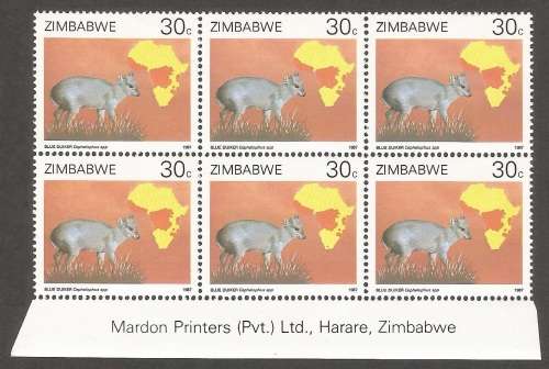 Zimbabwe- 1987- Duikers of Africa Survey- Inscriptional Blocks- MNH