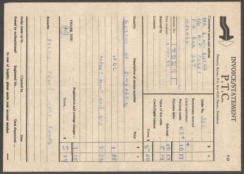 1988- Invoice- Statement(P.T.C)- Philatelic Bureau- Harare- Zimbabwe-Used