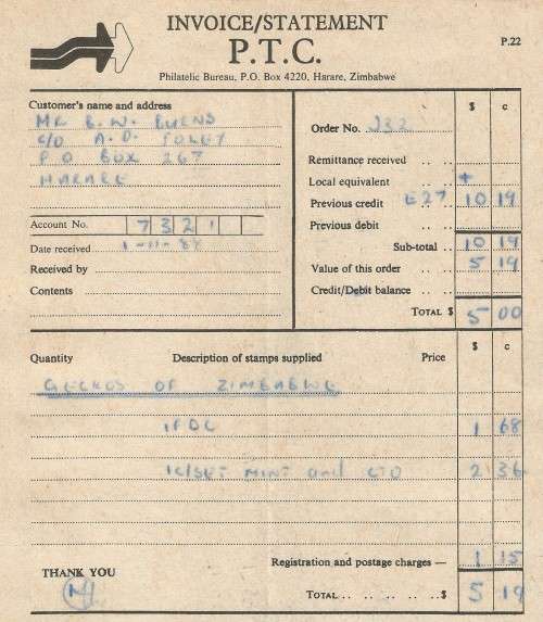 1988- Invoice- Statement(P.T.C)- Philatelic Bureau- Harare- Zimbabwe-Used
