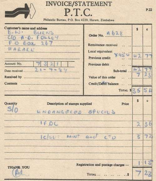 1989- Invoice- Statement(P.T.C)- Philatelic Bureau- Harare- Zimbabwe-Used